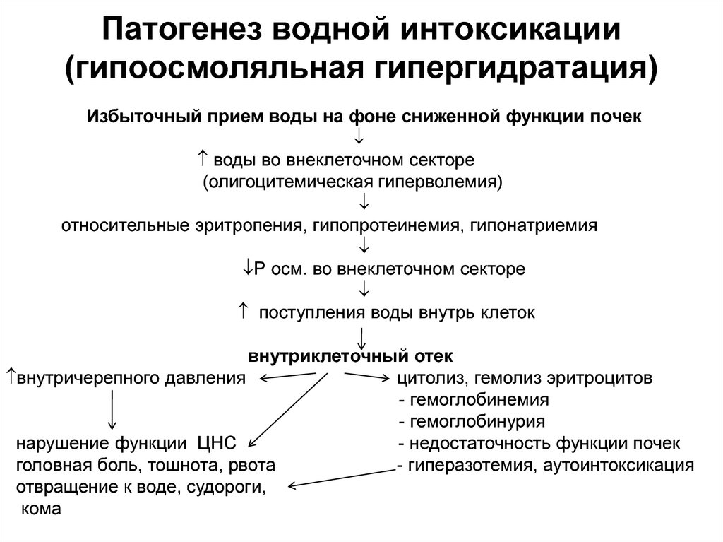 Гипергидратация патогенез. Гипоосмоляльная гипергидратация. Гипергидратация механизм развития. Патогенез водной интоксикации. Механизм развития водного отравления.