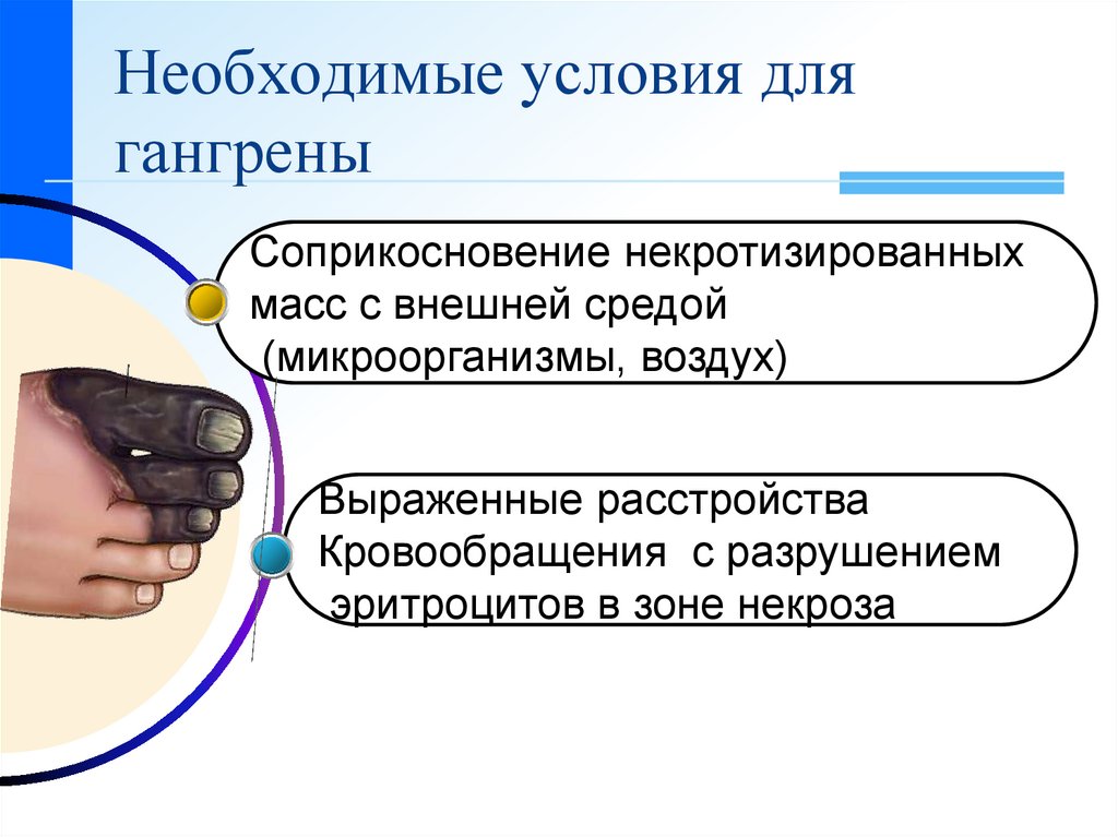 Возникнуть протекать. Условия развития гангрены. Гангрена это некроз тканей соприкасающихся с внешней средой.