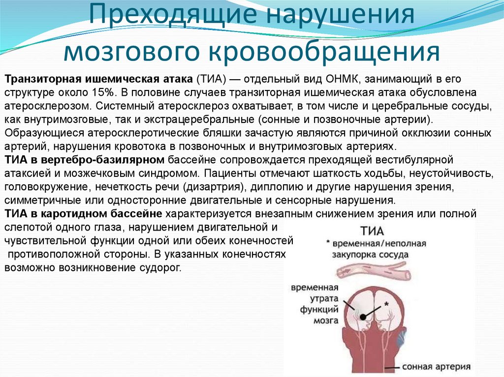 Нарушение мозгового кровообращения. Преходящее нарушение мозгового кровообращения. Преходящее ОНМК.