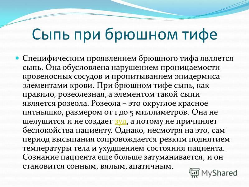 Срок появления. Характер сыпи при брюшном тифе. Сроки появления сыпи при брюшном тифе.