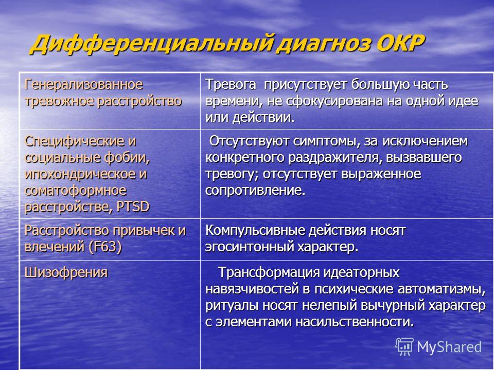 Тревожно аффективное расстройство. Дифференциальный диагноз обсессивно-компульсивного расстройства. Окр дифференциальная диагностика. Генерализованное тревожное расстройство дифференциальный диагноз.