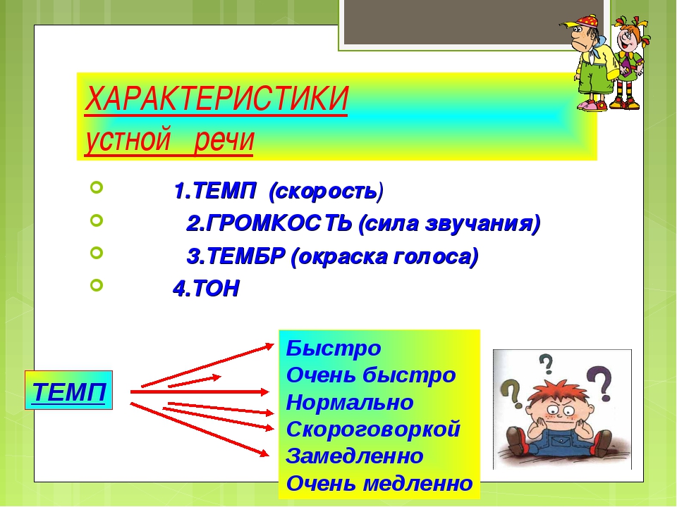 Устная характеристика. Свойства речи темп речи. Темп в устной речи. Свойства устной речи. Темп и громкость речи.